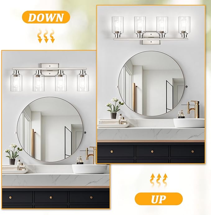 Unicozin 4-Light Bathroom Light Fixtures, Modern Vanity Lights with Clear Glass Shades, Brushed Nickel Bathroom Wall Lamp for Mirror Living Room Cabinet Bedroom