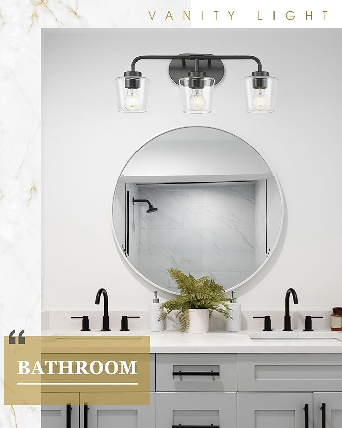 Bathroom Light Fixtures, 3-Light Matte Black Vanity Lights Over Mirror with Clear Glass, Modern Vanity Lighting Fixtures, AD-22004-3W-BK-C
