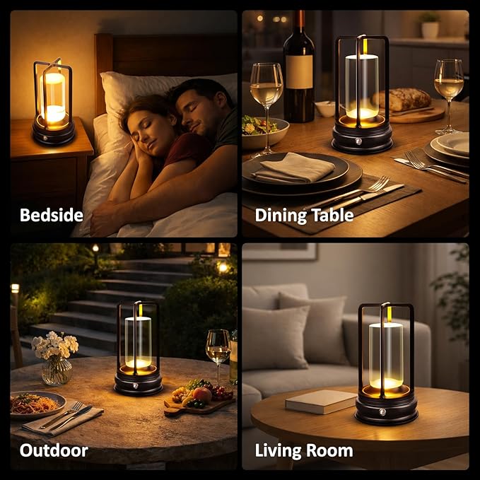 Cordless Table Lamp - 1 Pack Rechargeable 2000mAh Battery Operated LED Lamp with 3-Color Stepless Dimming, Touch Control, for Dining Room, Bedroom, Bar, Restaurant, Patio & Camping, Black