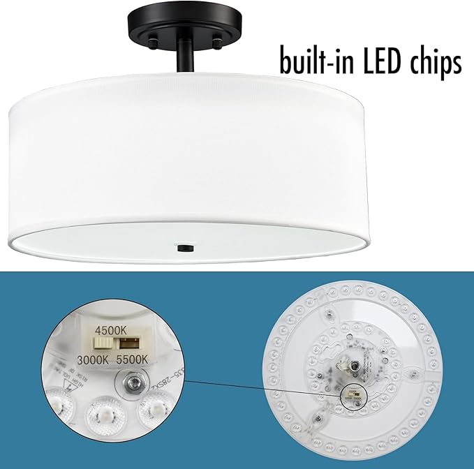 Black Dimmable LED Ceiling Light 30W 3000K/4500K/5500K 15-Inch Modern Farmhouse Drum Light Fixtures Matte Black Semi Flush Mount Lamp for Bedroom Hallway Living Room