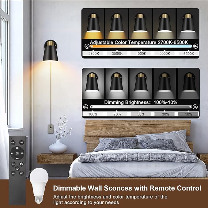 VATONI Wall Sconce Plug in, Remote Control Dimmable Wall Sconces and Adjustable Color Temperature 2700K-6000K Wall Lights with Plug in Cord, Wall Mounted Light for Bedroom Bedside(2 Pack, 2 Bulbs)