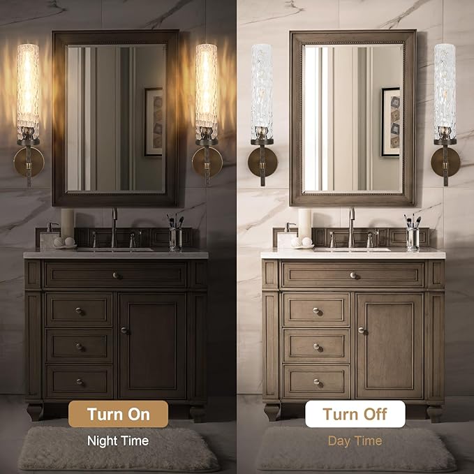 Bronze Wall Sconces Set of 2, 19.5" Brushed Brass Knurled Bathroom Wall Sconces with Water Ripple Glass Shade, Dimmable Indoor Vanity Wall Light Fixtures for Living Room Hallway Bedroom