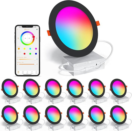 SikSog Black Smart Recessed Lighting 6 Inch RGBCW Color Changing 16W LED Downlight with Junction Box,1350 Lumen Recessed Ceiling Light Compatible with Alexa,Dimmable by Bluetooth Control -12Pack