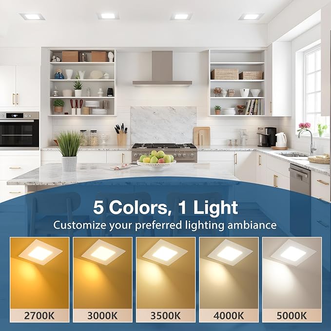 Amico 12 Pack 6 Inch Ultra-Thin LED Square Recessed Light with Junction Box, 5CCT 2700K/3000K/3500K/4000K/5000K Selectable, 1050LM Brightness, Dimmable Canless Wafer Downlight, 12W, ETL&FCC