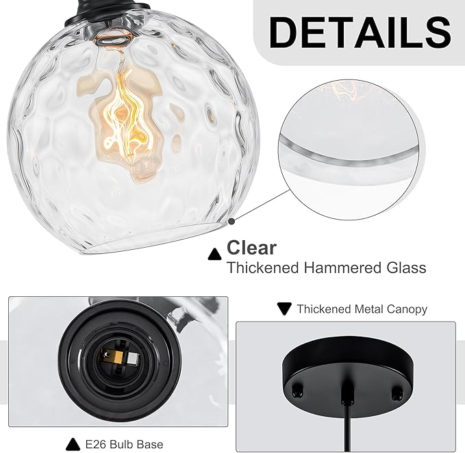Globe Pendant Light Fixtures, 2 Pack Glass Black Pendant Lights Kitchen Island with 7.8" Clear Hammered Glass, Adjustable Hanging Island Lights for Kitchen Bathroom Sink Entryway Dining Room