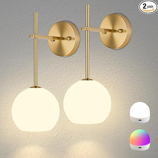 Gold Battery Operated Wall Sconces Set of 2, Rechargeable Wireless Wall Lights with Milky White Frosted Glass Shade, 12 RGB and 3CCT Dimmable, Wall Lamps with Remote for Bedroom Living Room Hallway