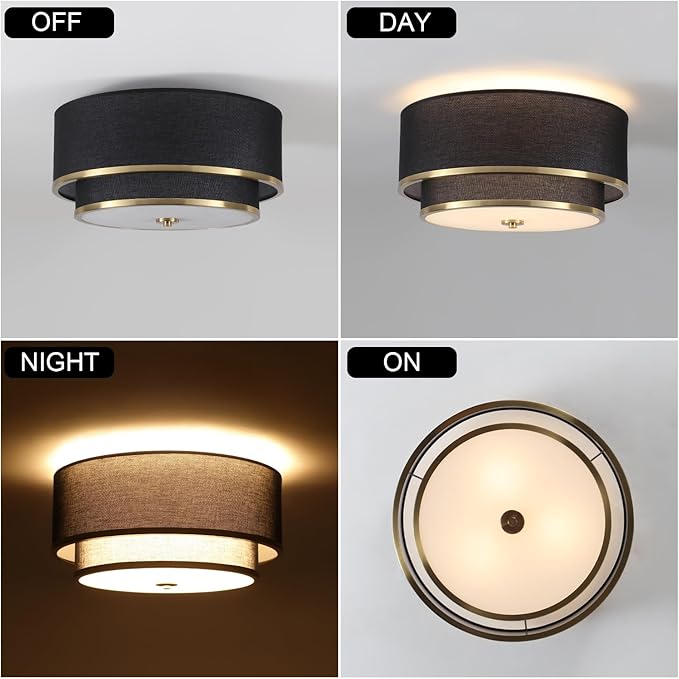 Luupyia 15.75 Inches Drum Ceiling Light Black and Gold, 3-Lights Fabric Simple Semi Flush Mount Ceiling Lights with Double Fabric Shade, Drum Overhead lighting for Bedroom Hallway Living Room E26, 60W