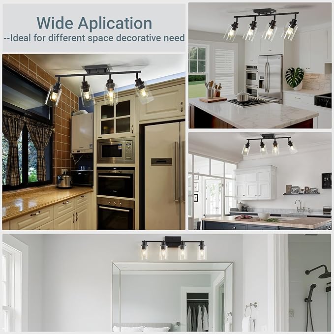 LOUSACE 4 Light Kitchen Track Light Fixtures Ceiling Vanity Lights Black, Bathroom Track Lighting Kit w/Rotatable Heads & Clear Glass Shade, Modern Wall Ceiling Tracking Light for Accent Shop Hallway