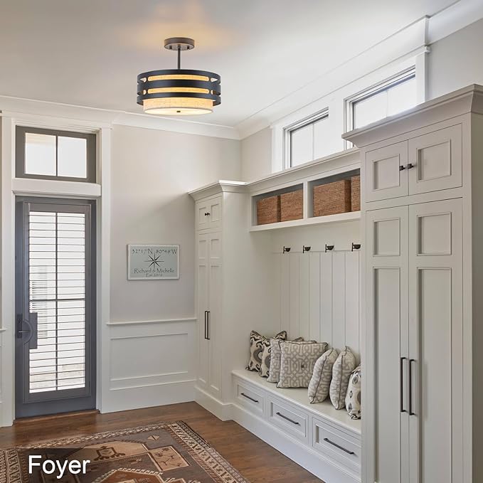 12.6” Drum Semi Flush Mount Ceiling Light Fixture, 3-Light Black Linen Ceiling Lights, Farmhouse Fabric Close to Ceiling Lighting for Bedroom Hallway Kitchen Entryway Foyer Dining Room