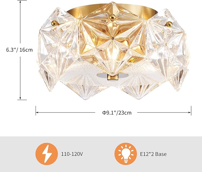 AGV LIGHTING CL058 Flushmount Ceiling Light Fixture, Close to Ceiling, Modern Design, 2-Lights, D9 x H5, Perfect for Living Room, Shield Shaped Glass Shade & Gold Finish Frame