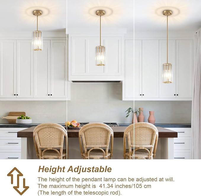 Gold Modern Crystal Pendant Lights Hanging Light Fixture, 2 Pack Pendant Lights Kitchen Island Adjustable Mini Pendant Lighting Fixtures for Kitchen Island Dining Room Hallway Bedroom