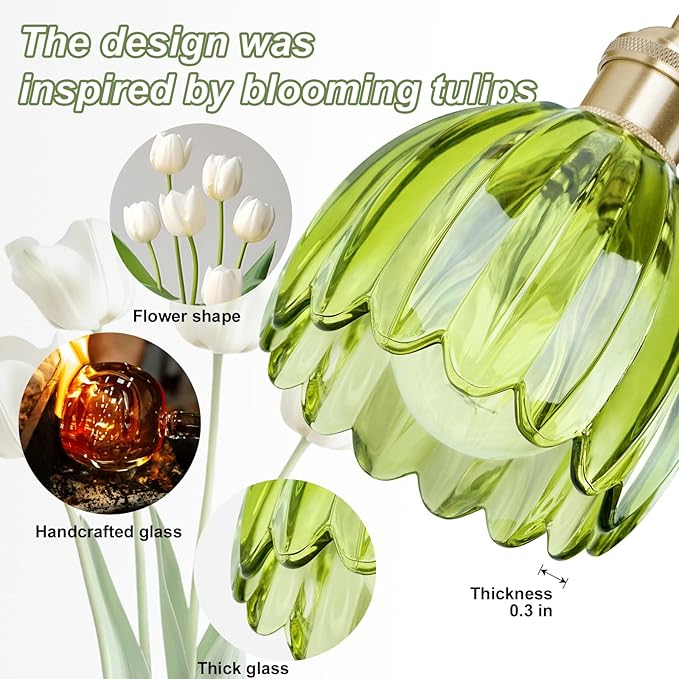 Vintage Bathroom Light Fixtures,2-Light Hardwired Vanity Lights with Green Tulip Glass Shade,Gold Bathroom Vanity Light for Mirror Restroom,E26 Socket,14.57 in(Bulbs Not Included)