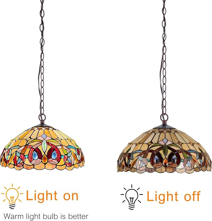 Capulina Tiffany Lamp Stained Glass Pendant Light 2-Light 16" Wide Cream Brown Tiffany Style Hanging Lamp for Kitchen Island Dining Room Hallway Foyer(Adjustable Height)
