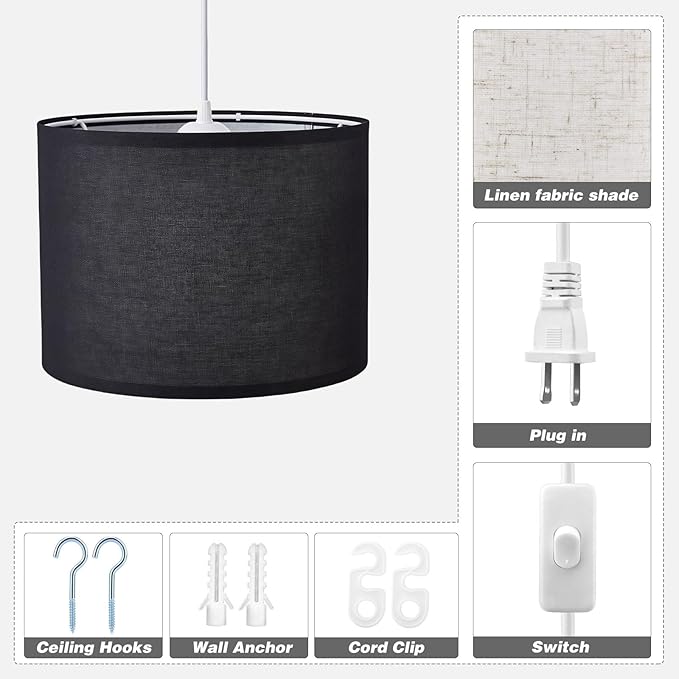 KUAUGST Plug in Pendant Light, 15 FT Hanging Lamp with Plug in Cord, On/Off Switch, Pendant Lighting with Fabric Shade, Hanging Light Fixture for Living Room, Bedroom, Dining Room, Kitchen