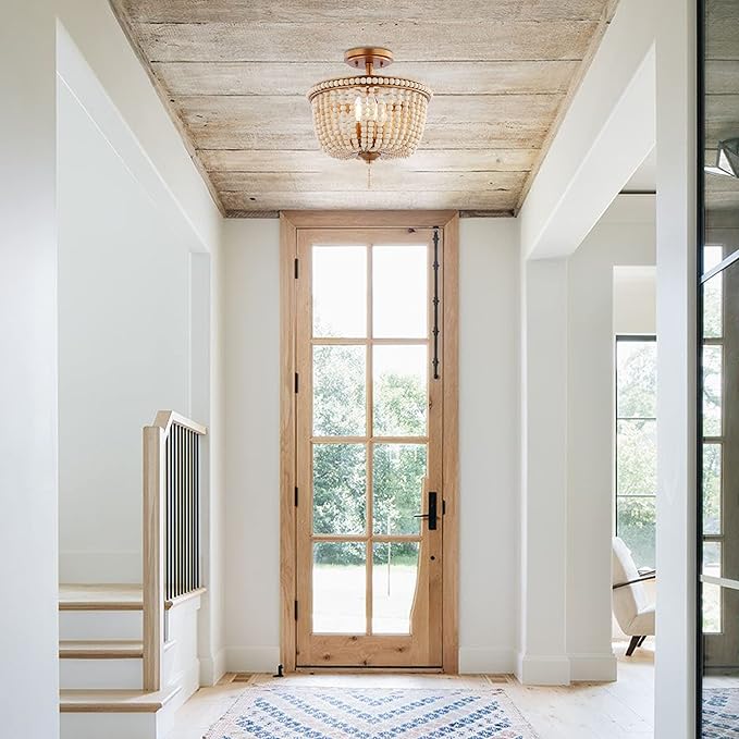 JONATHAN Y 14" Antique Gold/Light Taupe Wood Beaded LED Semi Flush Mount Light, Boho Farmhouse 3-Light Ceiling Chandelier with Cream Wood Bead Shade for Nursery, Bedroom (JYL9020C)