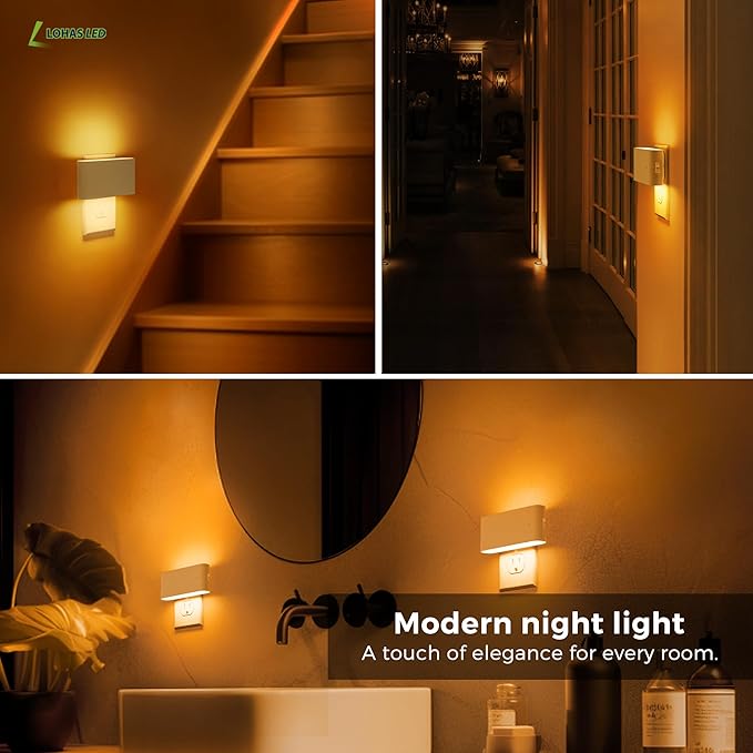 L LOHAS LED Night Light, 2 Pack Dimmable Modern LED Night Lights Plug into Wall,Dusk to Dawn Sensor Night Lights for Kid, 0-100LM 2000K Amber Nightlight for Hallway Bedroom Stairway