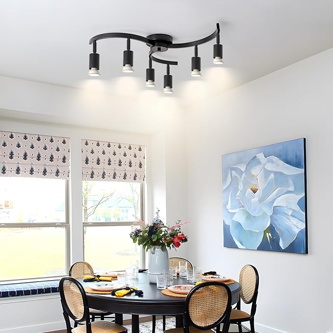SEEBLEN 6 Light Track Lighting Fixtures Ceiling, Flexibly Rotatable Light Heads, Black Semi Flush Mount Ceiling Light for Kitchen Dining Room Living Room.Gu10 Bulb Base.