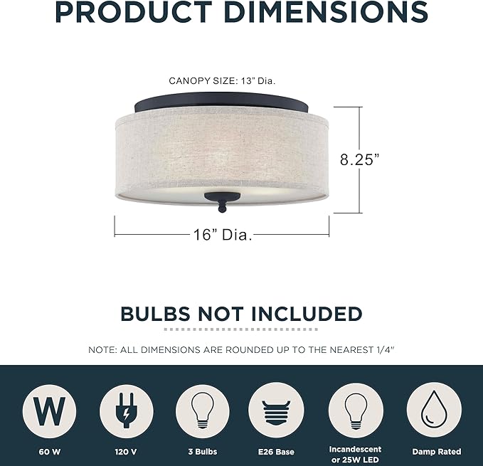 Quoizel Blanche 16" Flush Mount Ceiling Light with Premium Fabric Shade, Matte Black, ETL Damp Rated for Kitchen or Bath