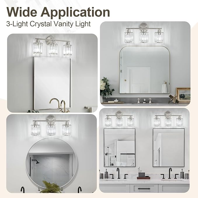 Crystal Bathroom Light Fixtures, Bathroom Lighting Fixtures Over Mirror, Modern 3-Light Brushed Nickel Vanity Lights for Mirror, Restroom, Kitchen(Ceramic E26 Socket,Bulbs Not Include)
