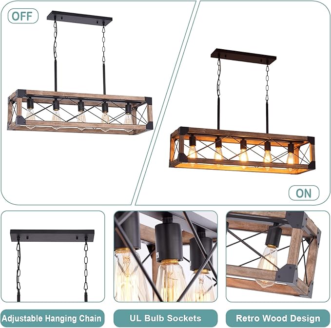 Airposta Kitchen Island Lighting, 33.5-Inch 5 Lights Farmhouse Linear Chandelier for Dining Room Pool Table Pendant Light Fixture, Rustic Wood Grain Finish, Industrial Pendant Light