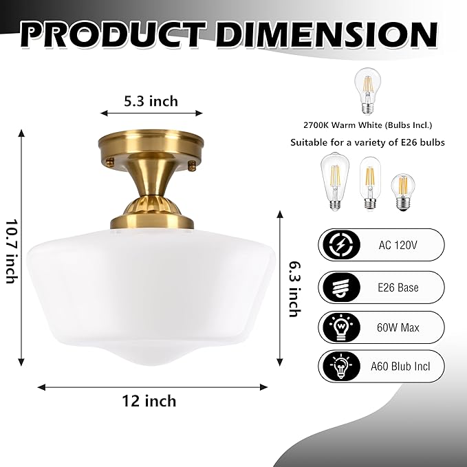Brass Schoolhouse Light Fixture 12" Mid Century Light Fixture Milk Glass Light Fixtures School House Light Fixtures Ceiling Semi Flush Mount Ceiling Lights for Bedroom Bathroom (bulb Incl.