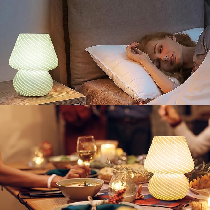 ULAROOM USB Plug-in Mushroom Lamp Small Bedside Table Lamp with 3 Temperature LED Bulb,Free Dimming Nights Light for Bedroom/Living Room/Entryway/Corner Decor (Stripe Green)