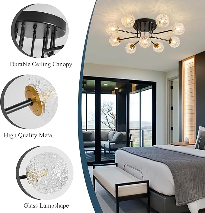 Sputnik Semi Flush Mount Ceiling Light Black Glass Globe Ceiling Lighting Modern Close to Ceiling Light for Living Room Dining Room Bedroom Kitchen