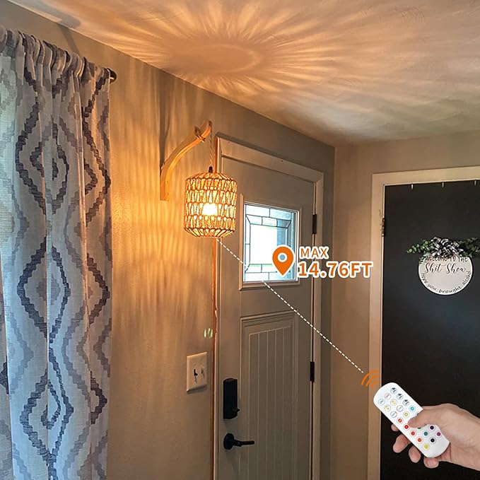 Frideko Boho Rechargeable Wall Sconces Set of Two with Remote, RGB 15 Colors Dimmable Battery Operated Wall Light, Indoor Wireless Wall Lamp with 3 Timer, Farmhouse Rattan Wall Lighting for Bedroom