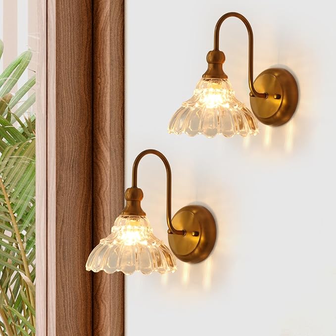 lobolighting Vintage Wall Sconce Set of 2 with Glass Shade Brass Sconces Gold Bathroom Vanity Light Fixtures Modern Wall Lighting Fixture for Bedroom Bedside Door Header