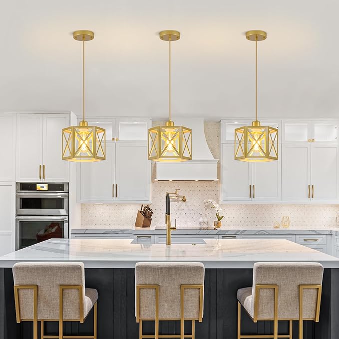 XSDeTu 2 Pack Gold Pendant Lights, Modern Farmhouse Hanging Light Fixture with Hexagonal Cage, Vintage Brass Metal Ceiling Lights, Adjustable Lantern Pendant Lighting for Kitchen Island Sink Hallway