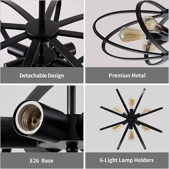 Semi Flush Mount Ceiling Light Fixture Chandelier 6-Light Kitchen Ceiling Lights 25'' Black Farmhouse Chandelier Style Flower Shape Light Fixture Bedroom for Foyer,Entryway,Living Room