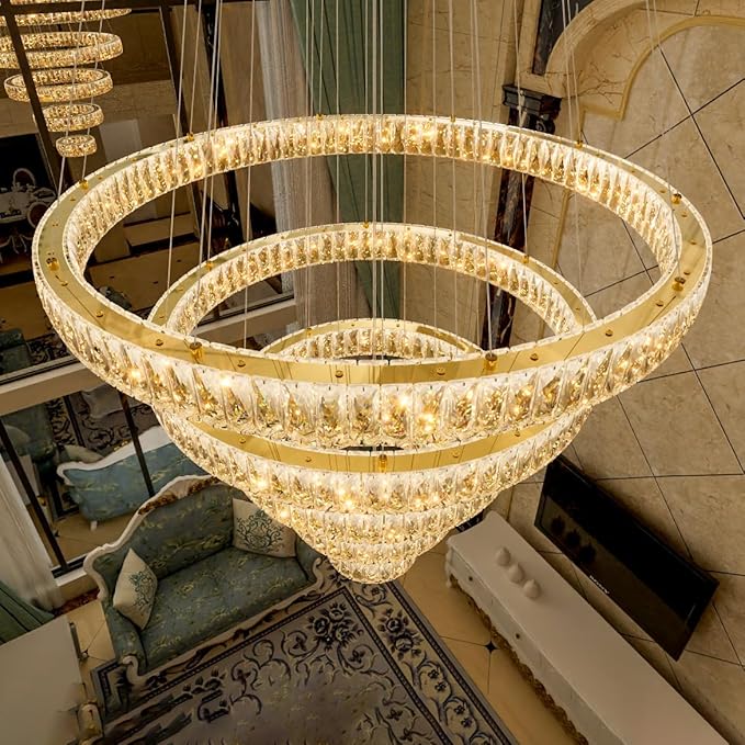HAIXIANG 5-Rings Modern Chandelier with LED Dimmable Lights Crystal High Ceiling Chandeliers Lighting for Living Room Foyer Entryway Luxury Indoor Light Gold Fixtures