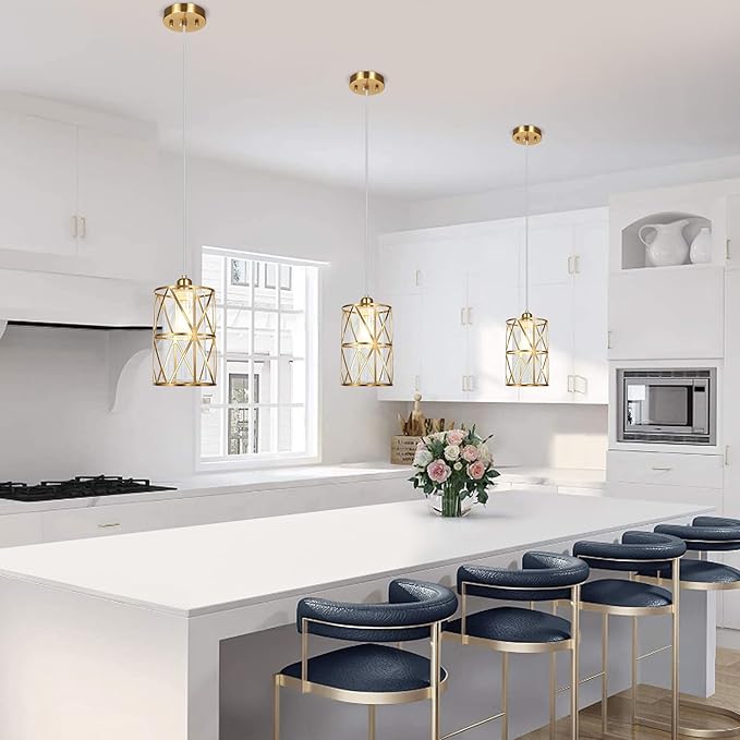 Brushed Gold Pendant Light, 5.4"×7.9" Dual-Shade Kitchen Island Lighting with Clear Glass Shade, E26 Adjustable Height 1"-61", UL Listed, for Dining Room Foyer Entryway — Bulbs Not Included