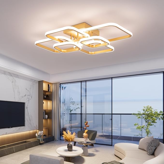 31.5" Modern LED Ceiling Light 6-Square Dimmable Ceiling Light Fixtures with Remote 3000K-6000K Gold Close to Ceilings Lamp 60W for Living Room, Bedroom