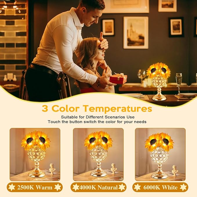 Sunflower Table Lamps for Women-Sunflower Flower Touch Lamp with 3-Color Infinitely Dimming,10+ Hours Runtime-Ideal Gift for Mom,Flower Decor for Bedroom and Office,USB Charge,IP44 Waterproof
