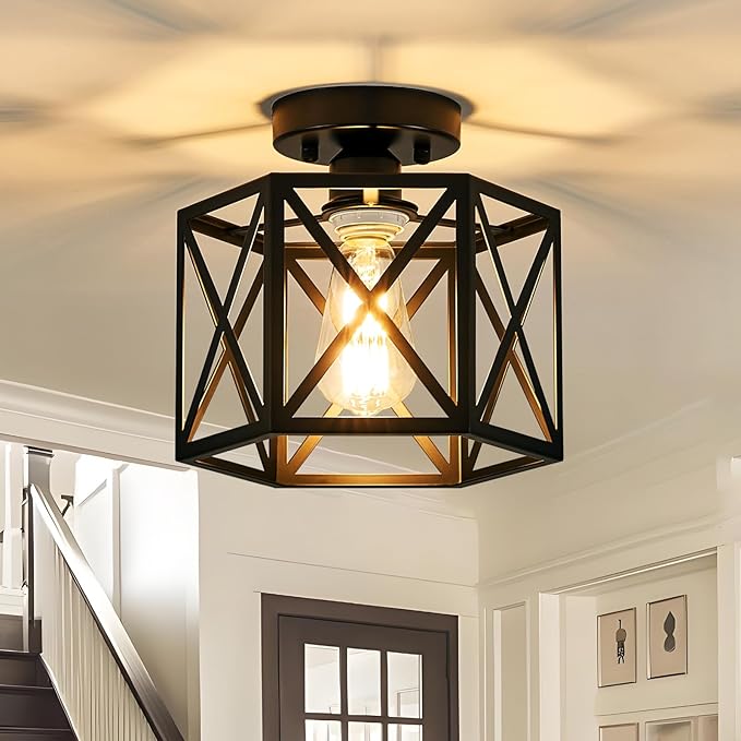 Modern Farmhouse Semi Flush Mount Ceiling Light,Industrial Black Ceiling Lighting Fixture,Hexagonal Close to Ceiling Lights for Kitchen, Hallway, Entryway, Bedroom,Foyer,Laundry Room,9.5 Inch