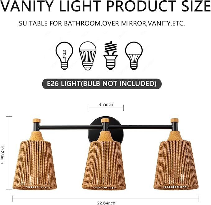 Bathroom Light Fixtures, Boho 3 Light Bathroom Vanity Light Over Mirror with Rattan Woven Wicker Lampshade Rustic Wall Sconce Lighting for Bedroom Kitchen Hallway