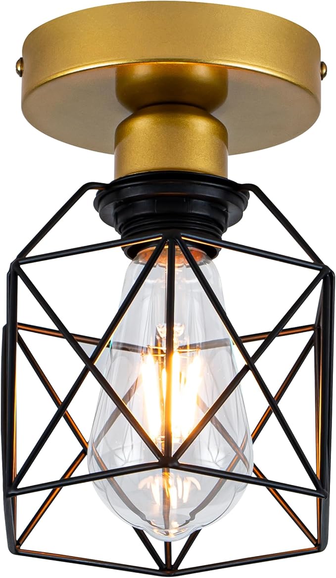 Industrial Ceiling Light, Gold and Black, Metal Cage Shade, Semi-Flush Mount, Geometric Design Caged, Mini