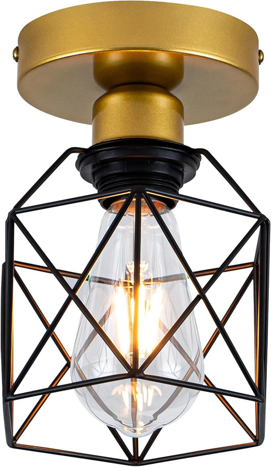 Industrial Ceiling Light, Gold and Black, Metal Cage Shade, Semi-Flush Mount, Geometric Design Caged, Mini