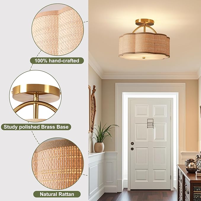 13" Rattan Semi Flush Mount Ceiling Light 3-Light Boho Mini Chandelier Ceiling Light Flush Mount for Hallway,Entrance,Kitchen,Bathroom,Bedroom,Living Room