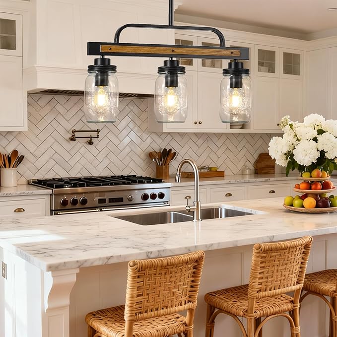 3-Light Farmhouse Dining Room Chandelier, Black Mason Jar Chandelier Lighting Fixture for Kitchen Island, Dining Table, Rustic Linear Cluster Hanging Pendant Light, Faux Wood with Glass Shade
