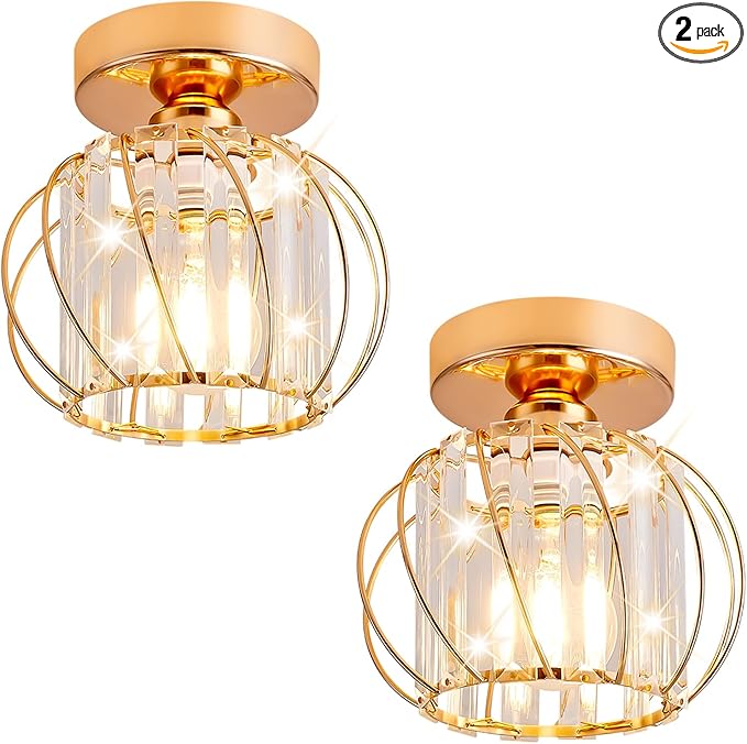 Semi Flush Mount Crystal Ceiling Light Pack of 2, Crystal Metal Cage Hallway Ceiling Lamps, Farmhouse Ceiling Lamp Fixture, Industrial Crystal Chandelier for Corridor Bathroom Kitchen (Gold, 7.5 Inch)