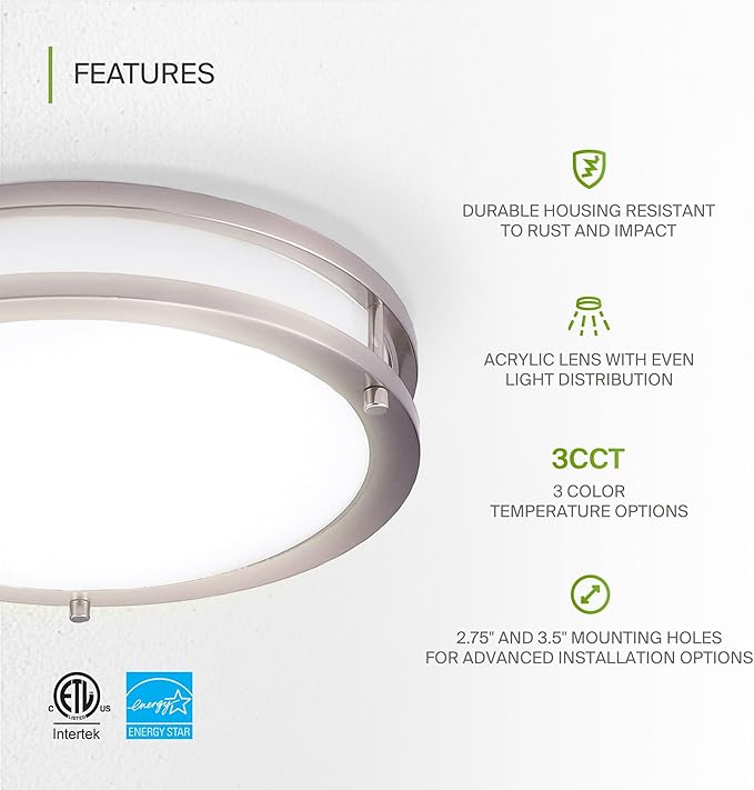 ASD LED 10" Round Flush Mount Lighting, Close to Ceiling Light Fixture | 3CCT, Dimmable, Energy Star, ETL Listed | 16W 1041LM 3000K-5000K 120V | Low Profile Double Ring Lamp | Nickel