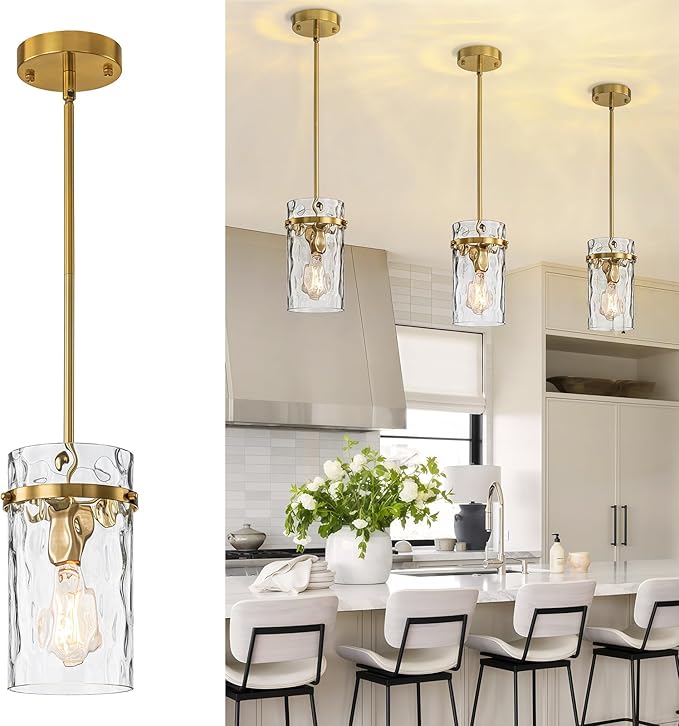 Brass Hammered Glass Pendant Light, 5.5" Brushed Gold Island Pendant Lights Vintage Kitchen Island Light Gold Pendant Light Fixtures Dining Room Light Island Lights Pendant Lighting 1 Pack