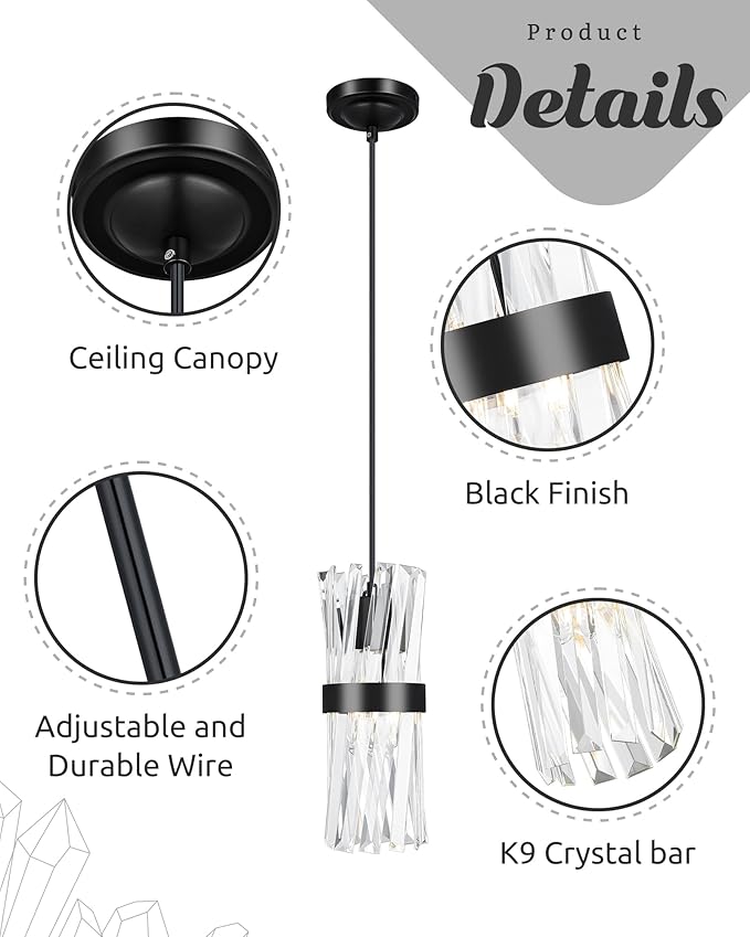 Ken & Ricky Crystal Pendant Light 3 Pack,Black Industrial Island Lights for Kitchen, Hanging Light Fixture, Adjustable Small Chandelier for Dinning Room Bathroom Bedroom