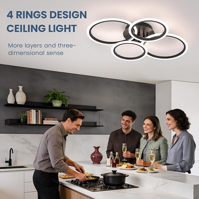 Black Modern Ceiling Light, 4 Rings Dimmable Flush Mount Ceiling Light with Remote, Acrylic Close to Ceiling Lighting Fixture for Dining Room Living Room Bedroom Kitchen (Black, 4 Heads)