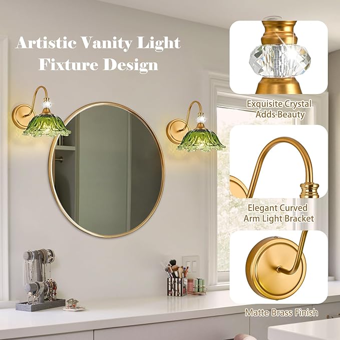 1 Piece Vintage Wall Sconce with Floral Green Glass Shade, Matte Brass Finish Wall Sconce for Bathroom, Vintage Bathroom Vanity Light Fixture