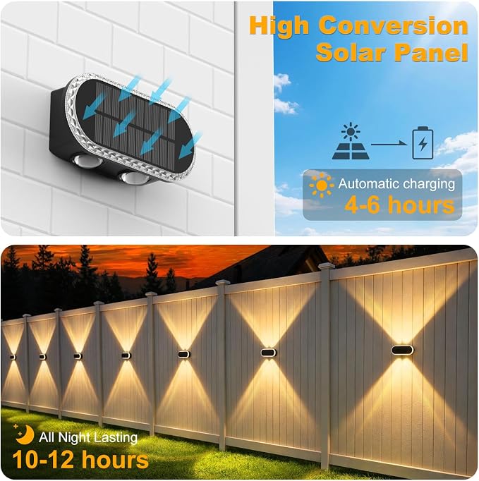 Solar Fence Lights Outdoor: 10-Pack IP65 Waterproof Solar Wall Lights - Up Down Dual Lens LEDs 3000K/4000K/6000K - 10-12H Lasting and Easy Install for Backyard Patio Porch
