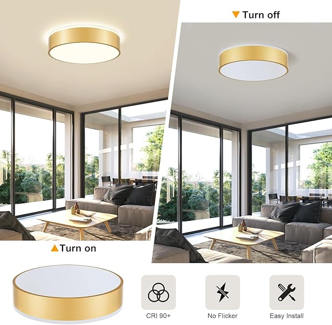 Gold Flush Mount Ceiling Lights, Modern Dimmable 5CCT Close to Lighting Fixture, 2700K-6000K LED Round Ceiling Lamp for Bedroom, Bathroom, Dining Room, Living Room-15.8in