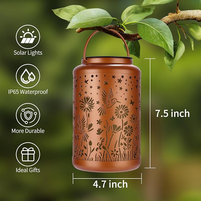 2 Pack Solar Lanterns Outdoor Waterproof Hummingbird Solar Lights Outdoor Waterproof for Garden, Backyard, Patio Decor, Birthday Gifts for Women Mom Grandma, Hanging Garden Lights for Outside